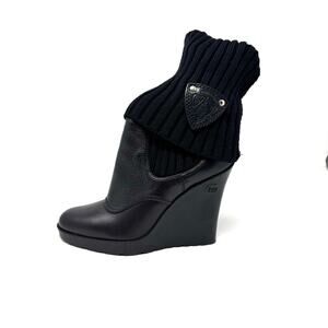 Gucci Knit-Sock Black Leather Wedge Boots